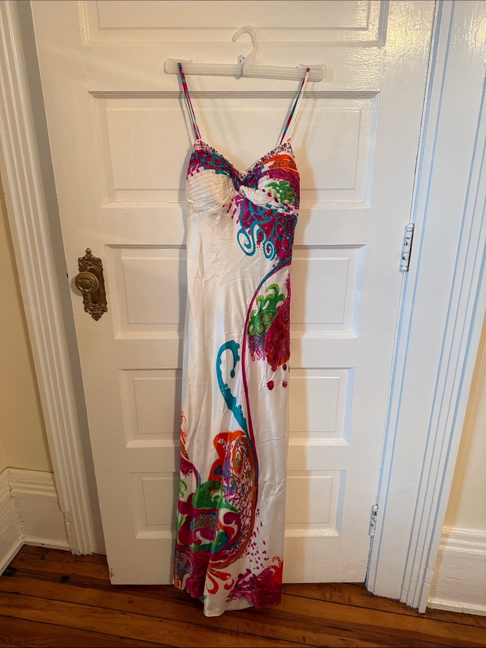 David's Bridal White Maxi Dress with Multicolor Paisley Print